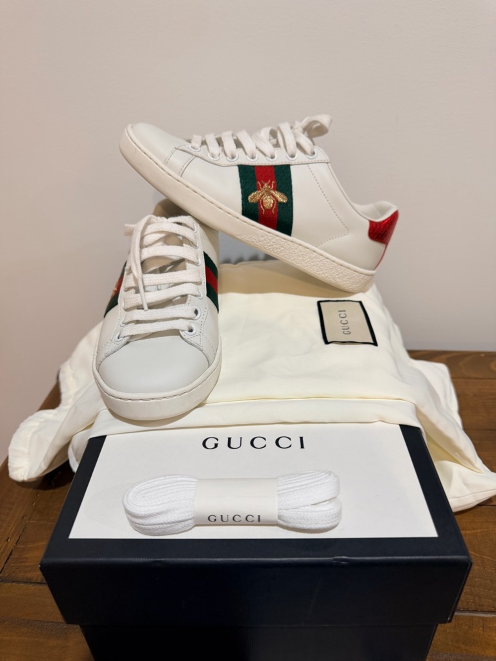 Gucci White Leather Sneakers with Green and Red Web & Gold Bee - Picture 2 of 4